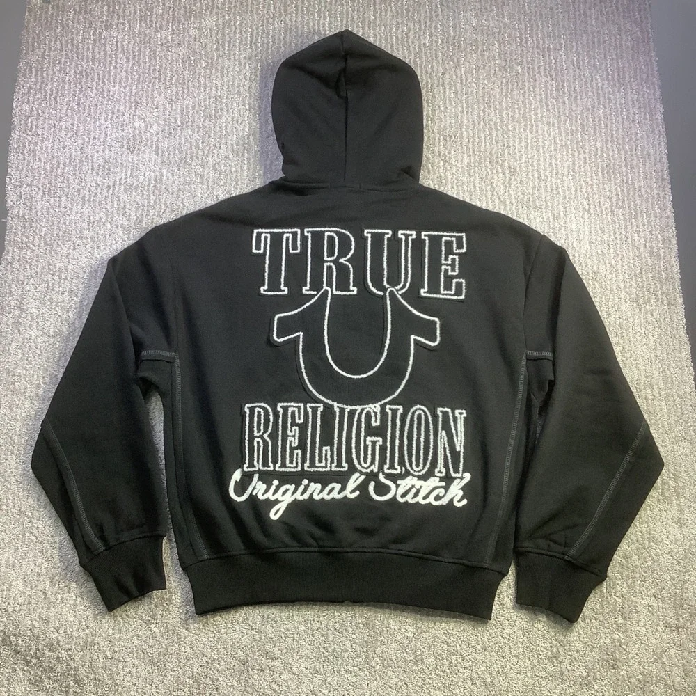 True Religion Mens Rib Stitch Dept Boxy Zip Up Hoodie Jet Black Size S NWT